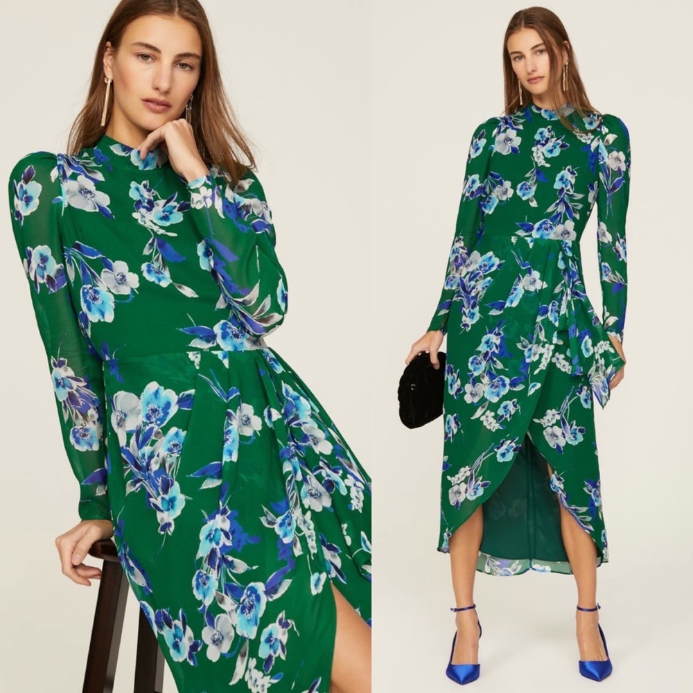 Yumi Kim Beverly Dress M Tully Garden Emerald Floral High Neck Sheer Ruffle